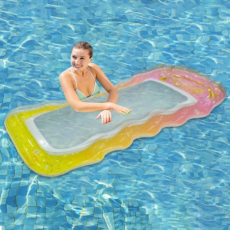 PVC inflatable floating row in multiple colourful designs including sequined patterns and canopy options