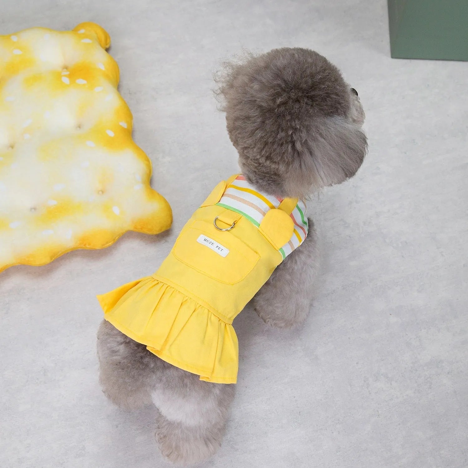 Striped patchwork cotton dog skirt in orange or yellow colour with elastic waistband