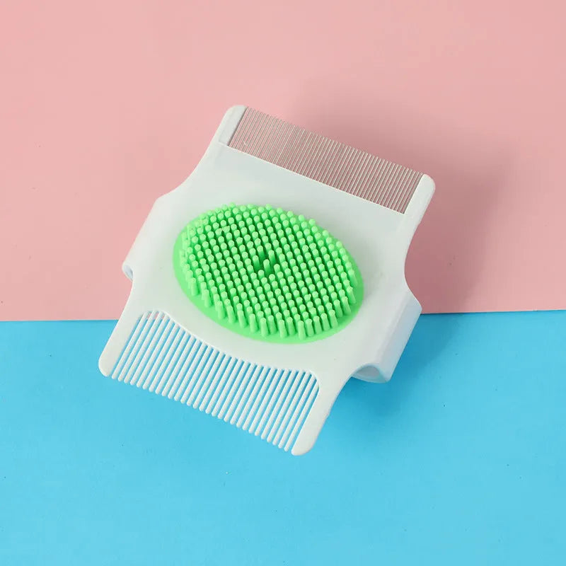 Blue and green 8.5cm dog grooming comb with floating hair removal and massage bristles