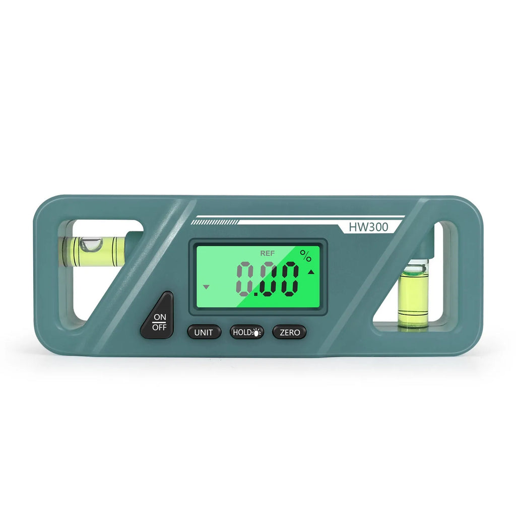 Digital magnetic inclinometer level meter on a metal surface showing angle reading on display.