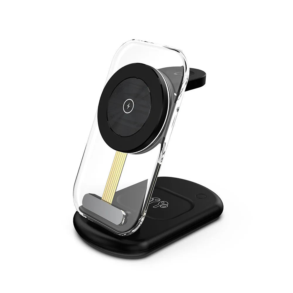 Transparent folding three-in-one magnetic wireless charger in black or white colour, showing fast charge QC3.0 support.
