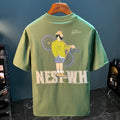 Green men's loose fit t-shirt with a literary design print on the front.