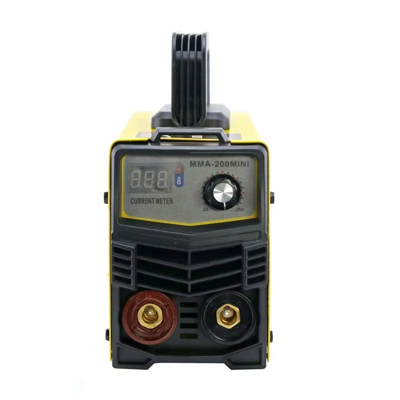 MMA-200MIN 220V portable DC inverter welding machine with welding tongs, clamp, and face shield.