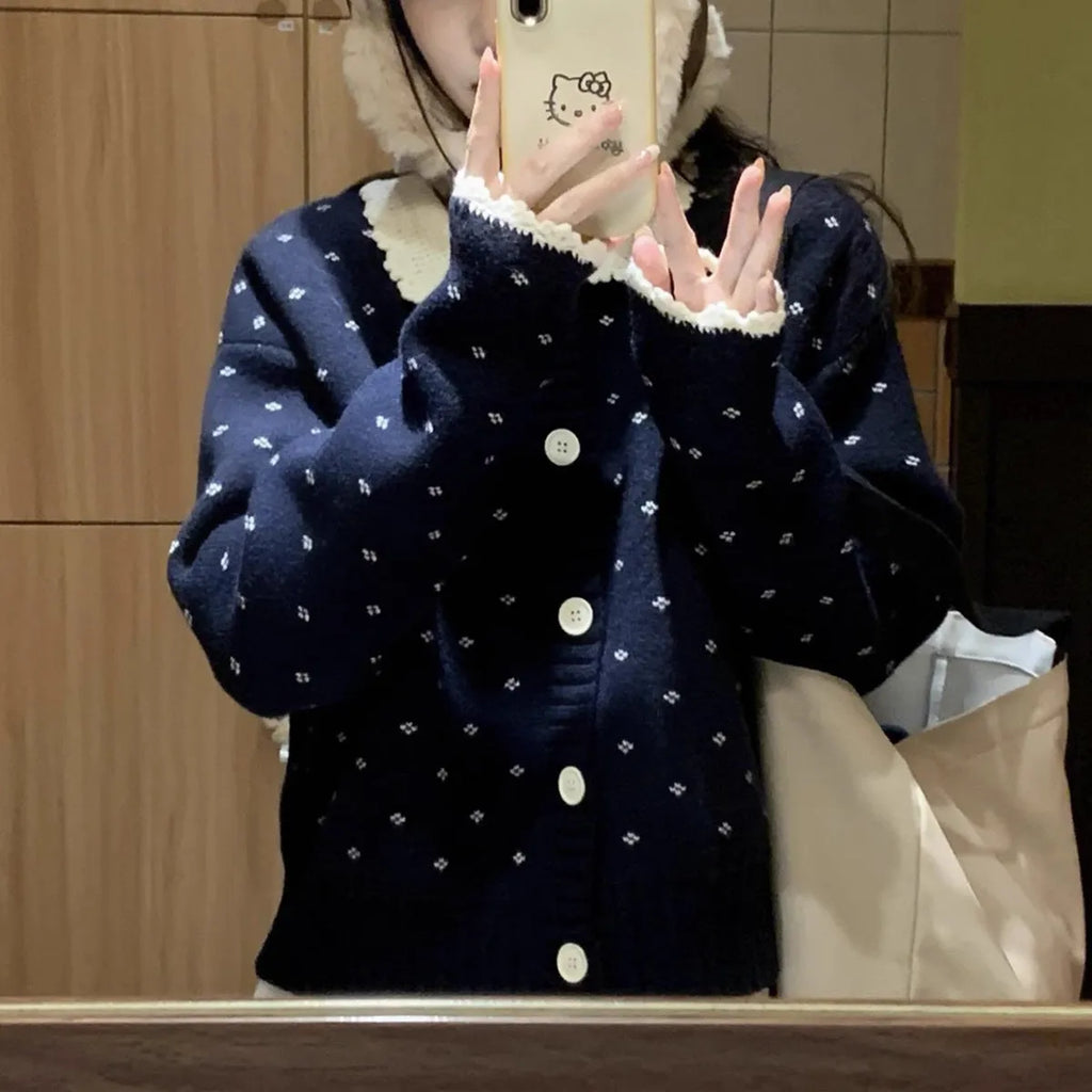 Floral pattern knitted cardigan with Peter Pan collar in Japanese Korean casual style