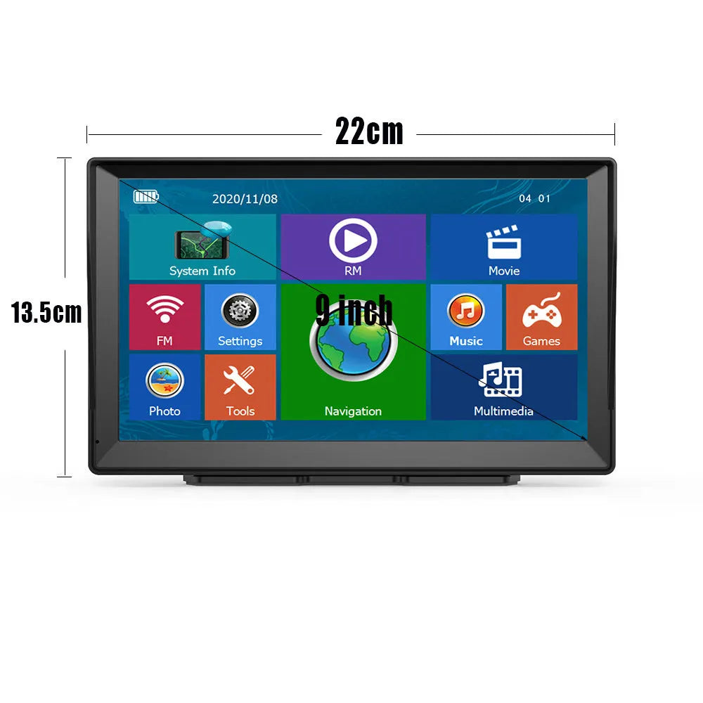 9-inch car portable GPS navigator with voice navigation and 3D maps on windscreen mount