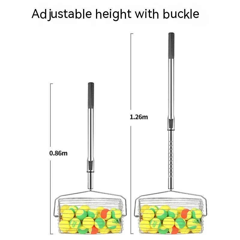 Stainless steel rolling tennis ball picker shown in large size on a tennis court.