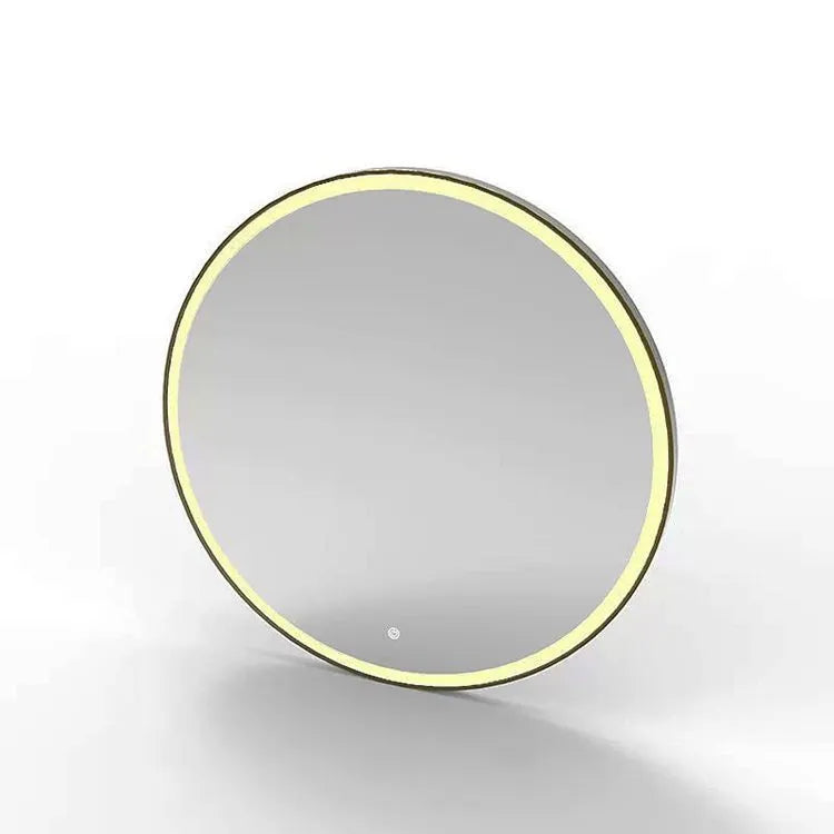 Round black aluminium alloy smart bathroom mirror with integrated LED lighting on a wall.