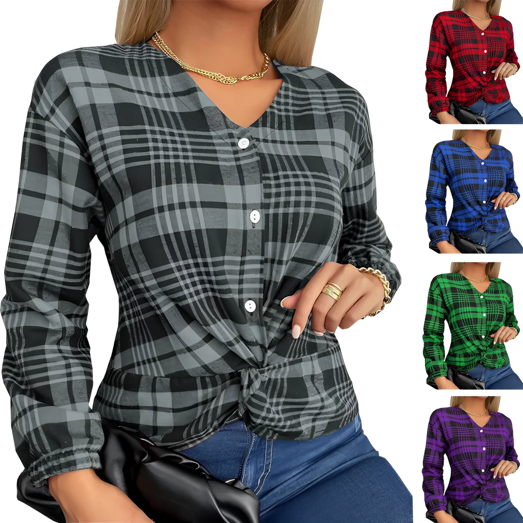Women's loose fit plaid shirt in purple, gray or red with regular sleeves and polyester fabric