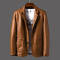 Men's PU leather jacket with studded lapels and quilted sleeves in black, red, and orange, sizes M to 6XL