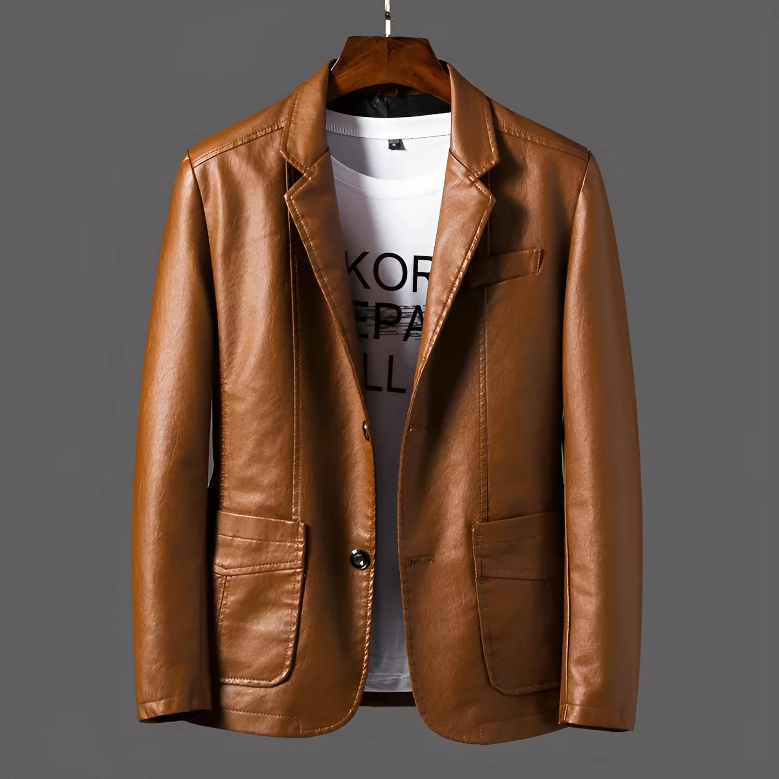 Men's PU leather jacket with studded lapels and quilted sleeves in black, red, and orange, sizes M to 6XL