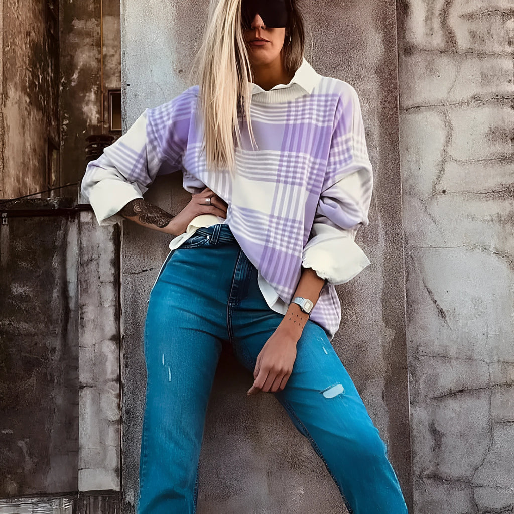 Lilac plaid print loose knit sweater with ribbed trim on cuffs and hem