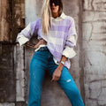 Lilac plaid print loose knit sweater with ribbed trim on cuffs and hem