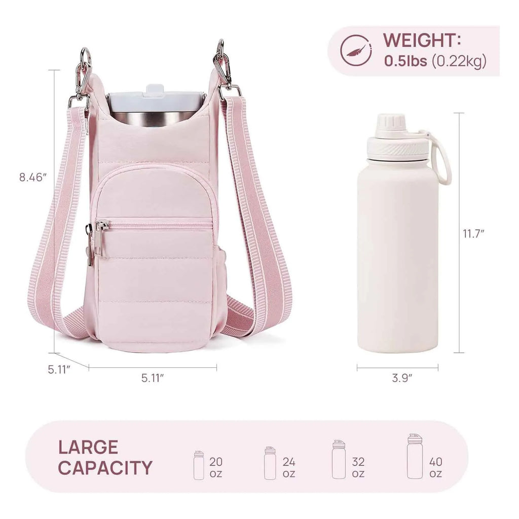 Cloth bicycle water bottle bag in beige, black, or pink colour on a bike frame.