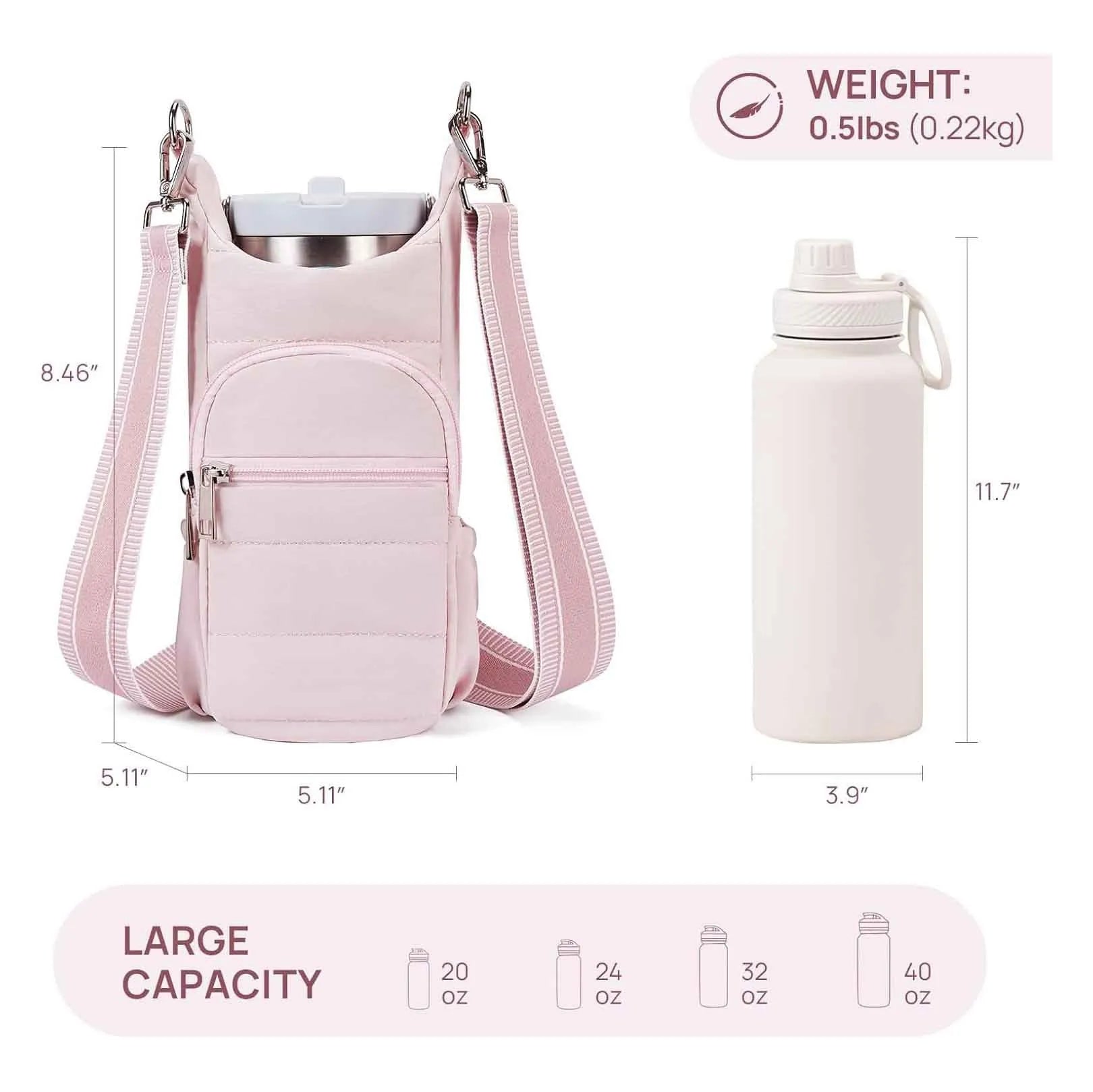 Cloth bicycle water bottle bag in beige, black, or pink colour on a bike frame.