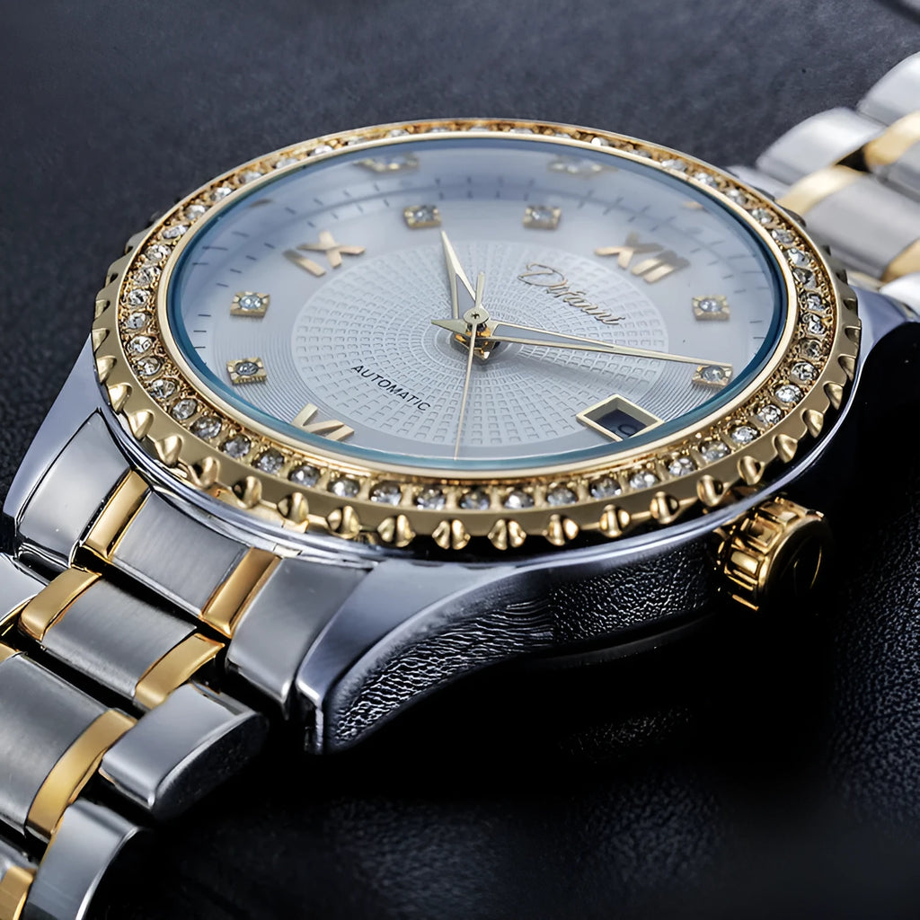 Fashionmonger men's automatic mechanical watch with a gold case and black dial, showing luminous hands.