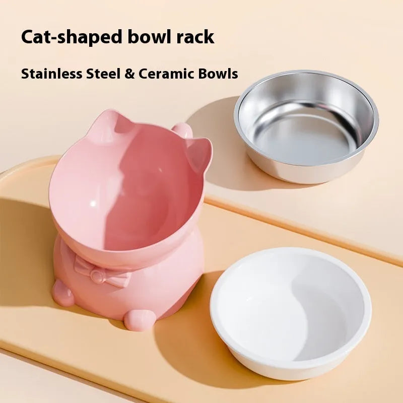 Stainless steel slanted anti-tip cat bowl in colour options of black, blue, pink, and yellow.