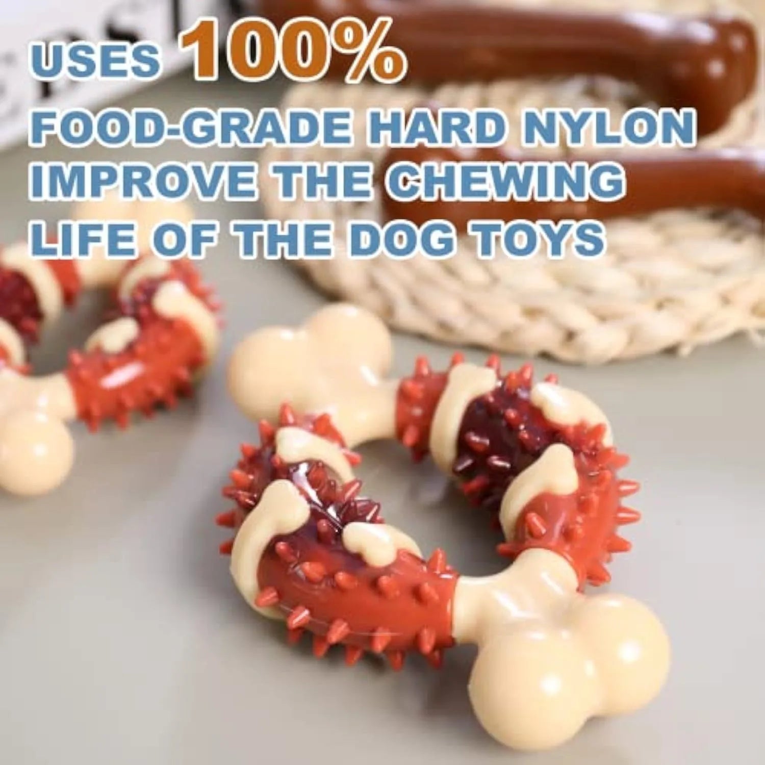 Bone-shaped natural rubber dog molar chew toy shown in two different sizes for teeth grinding.
