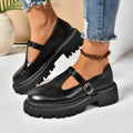 Women's thick bottom retro shoes in suede with buckle fastening and rubber sole, black platform colourway