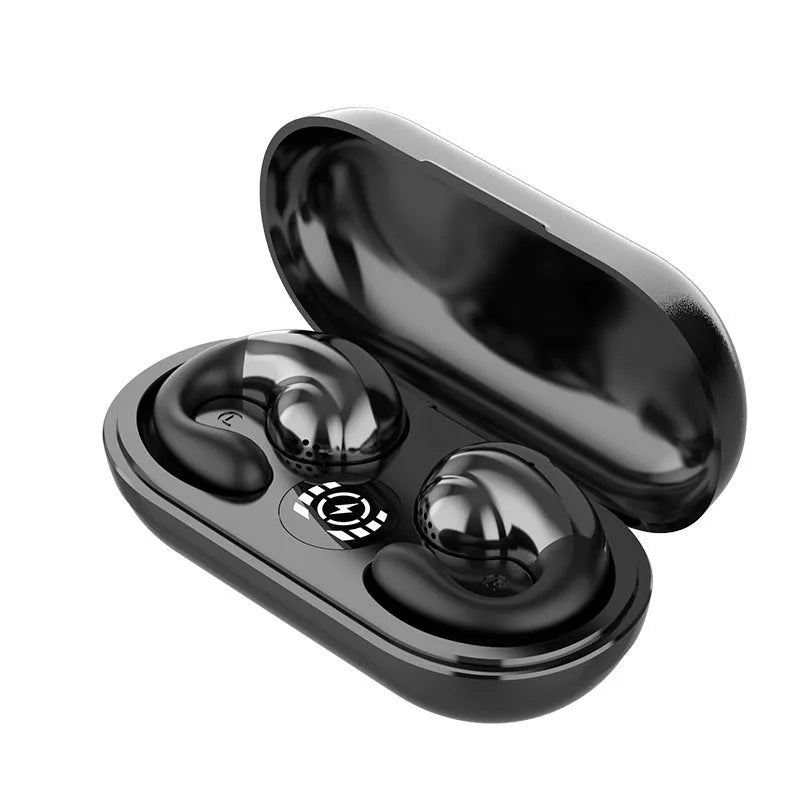 Black wireless Bluetooth sports headphones with ear clip design on a grey background.