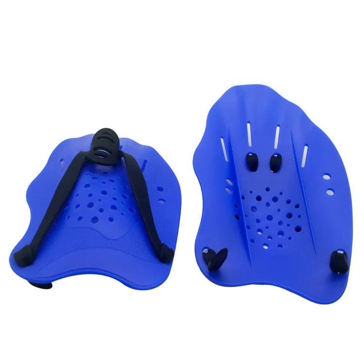 A pair of adult swimming training paddles for freestyle stroke, shown in various colours.