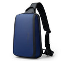 Blue men's Oxford cloth chest bag with double shoulder straps on a mannequin.