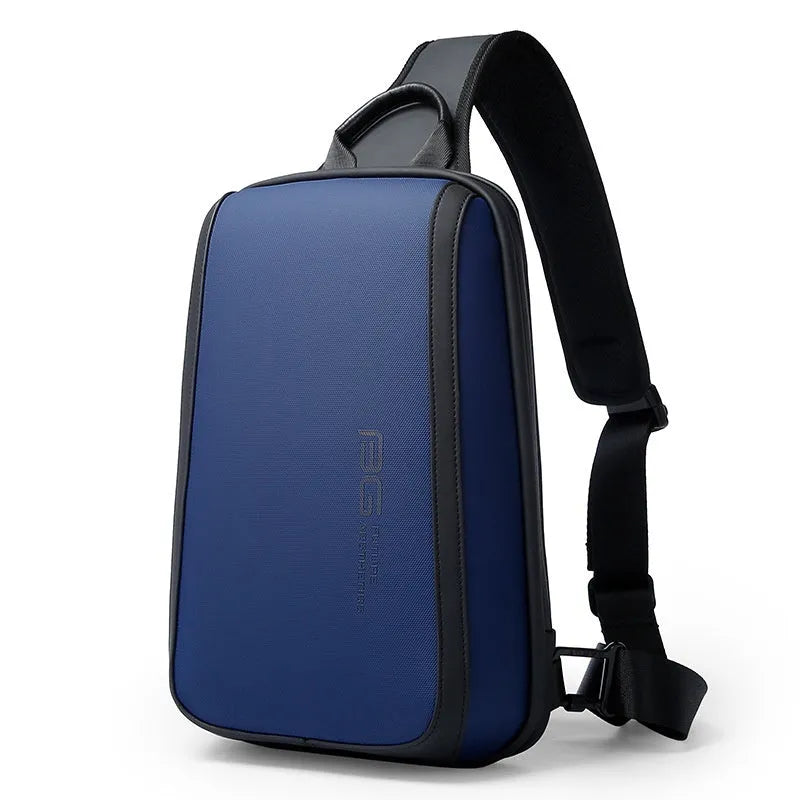 Blue men's Oxford cloth chest bag with double shoulder straps on a mannequin.