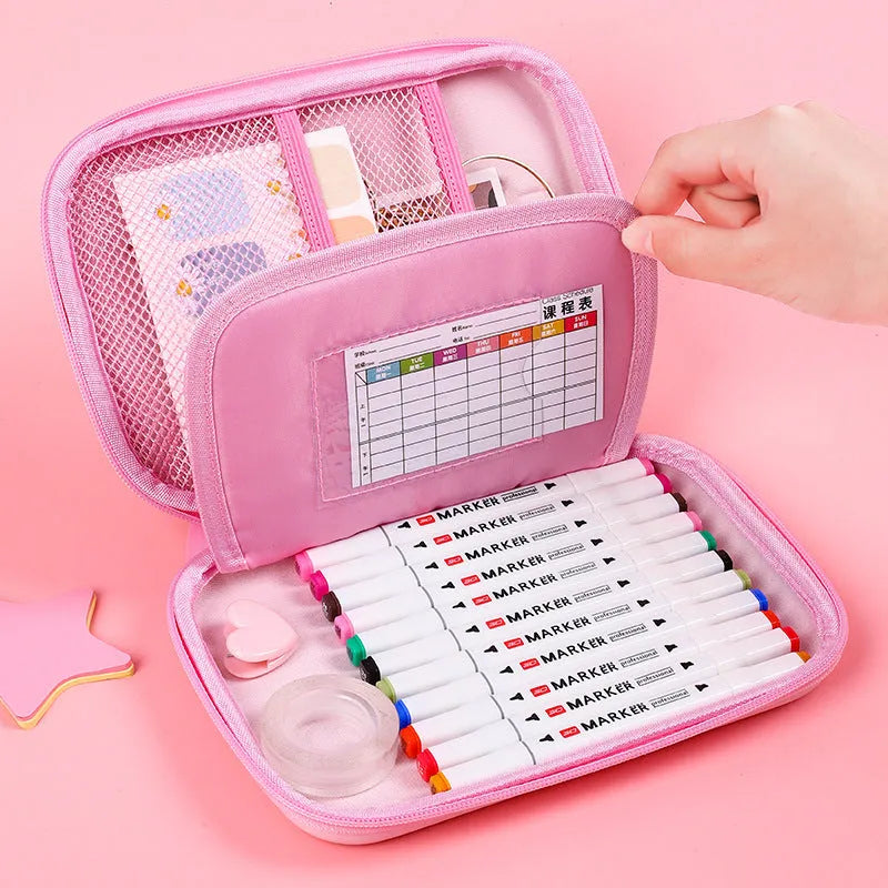 Canvas square pencil case with large capacity, showing cartoon anime print options of rabbit, dinosaur, and moon cat.