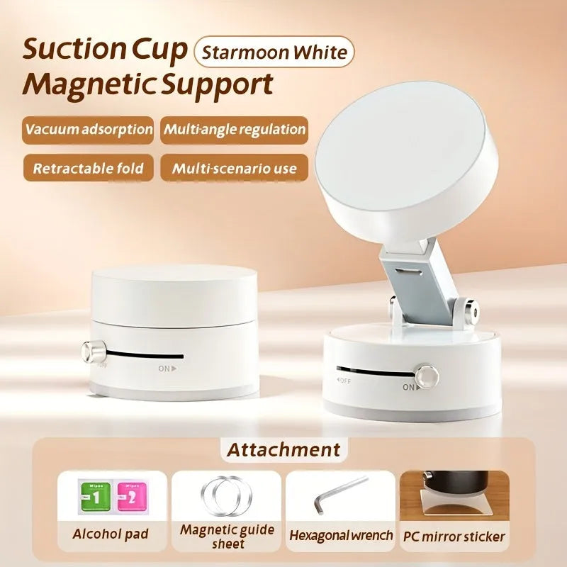 Black car phone mount with vacuum suction cup and magnetic attachment on dashboard