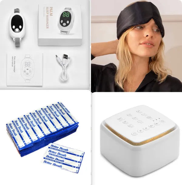 White insomnia help device with sleep bracelet, handheld remote control, and USB charging cable