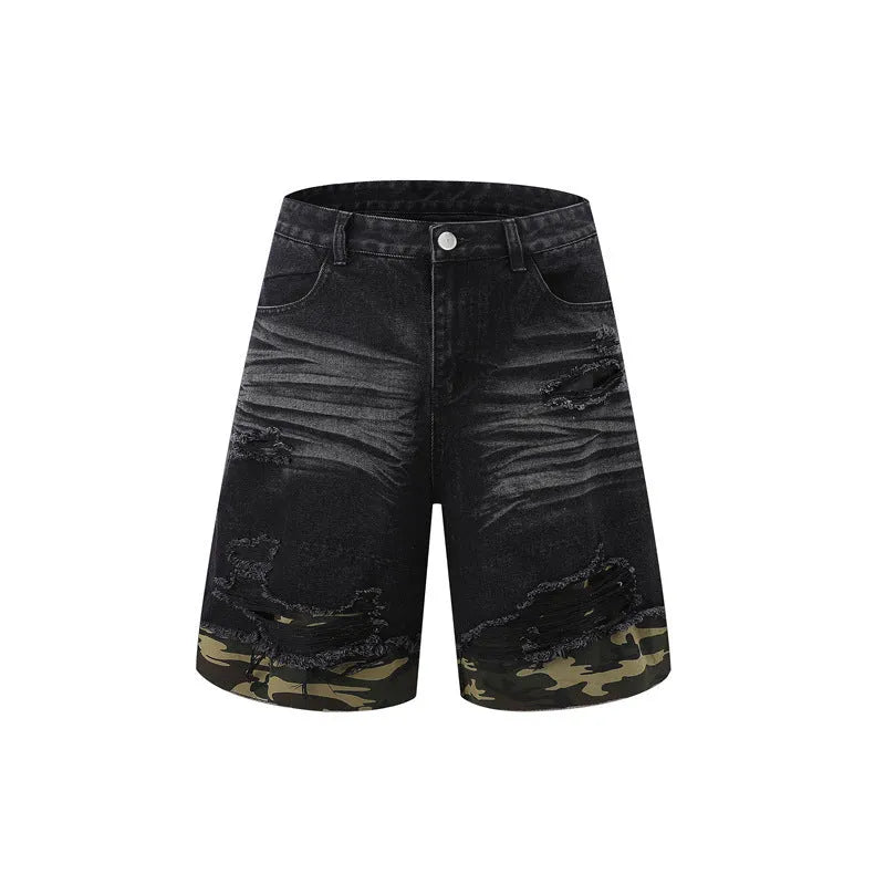 Women's leopard print denim short sleeve top and matching shorts with cut edge stitching.