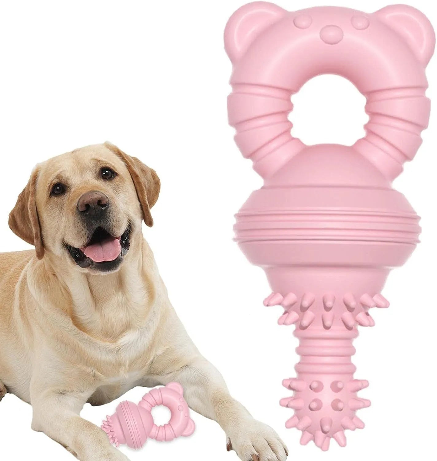 Blue rubber dog chew toy with textured surface for cleaning teeth, shown next to a measuring tape indicating 13.5cm diameter.