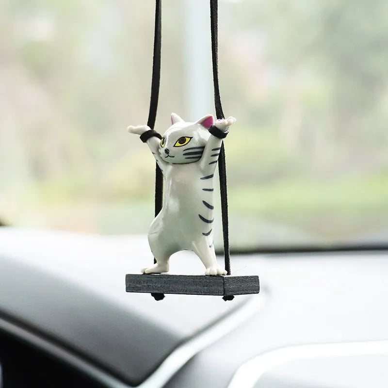 Resin cat pendant for car interior with adjustable 25cm rope in cartoon style