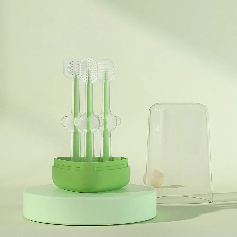 Purple silicone-bristled pet toothbrush for cleaning dog and cat teeth.