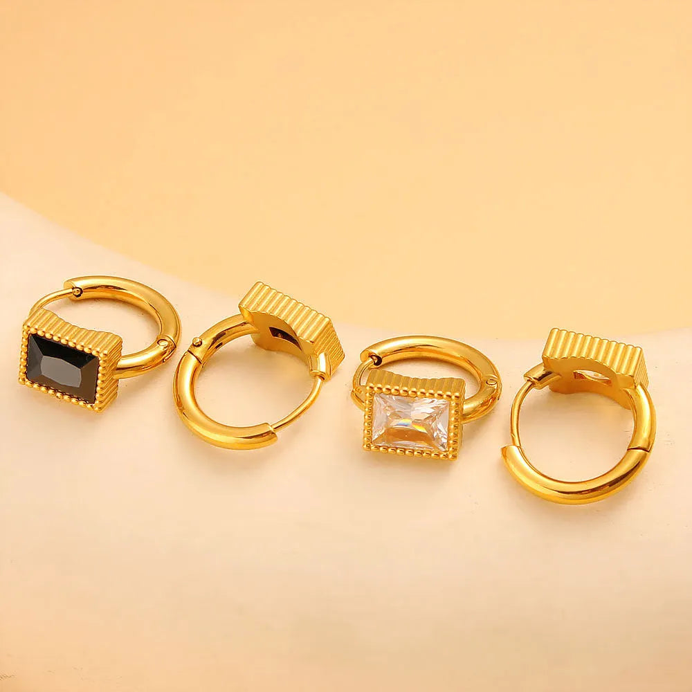 Square zircon geometric stainless steel earrings in white, black, or green colour on a white background.