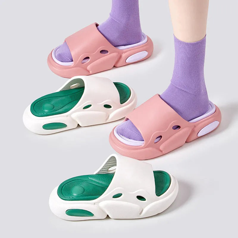 Two-colour thick-soled EVA slippers with leather lining in pink and purple colourway