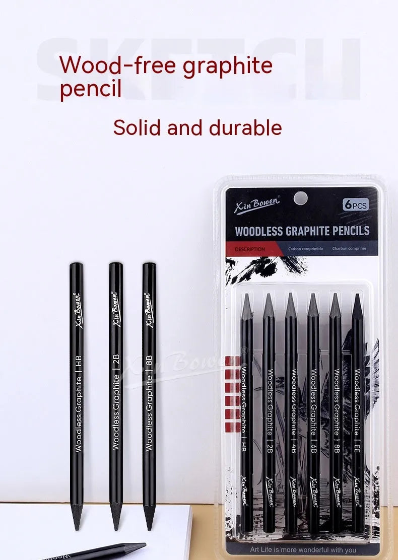 Six graphite sketching pencils in wood-free full lead design with HB 2B 4B 6B 8B EE grades