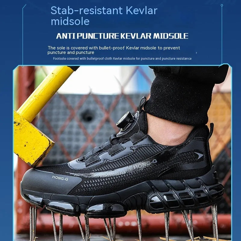 Lightweight black anti-smash safety work shoes with front lacing and a steel toe cap