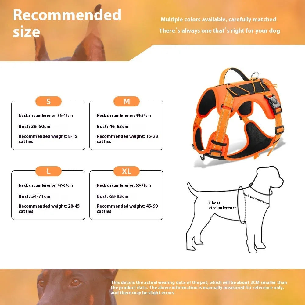 Orange reflective dog harness with an attached black hand-holding rope, shown on a medium-sized dog.