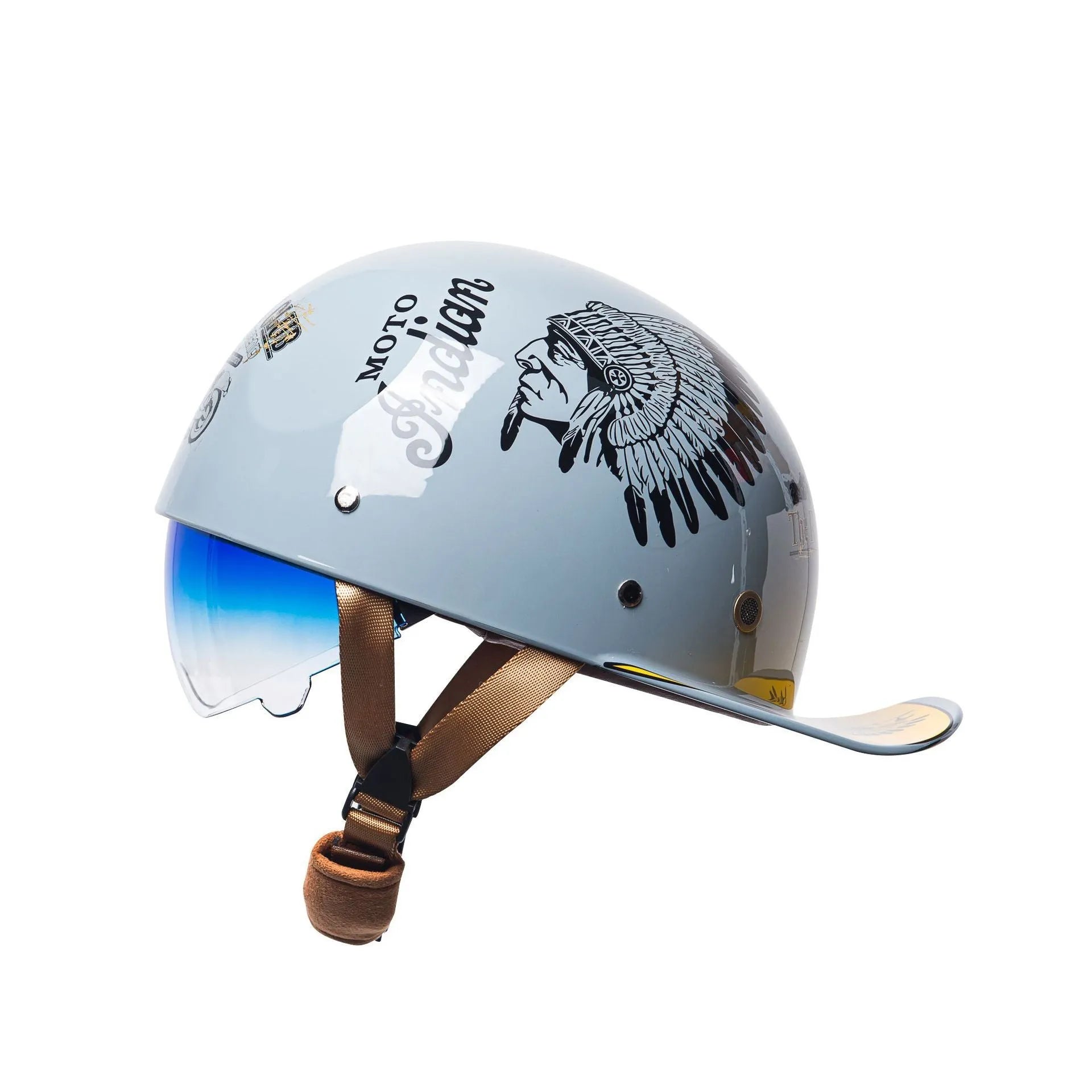 Bright black retro half helmet for electric bikes with a gradient blue visor, shown from the side.