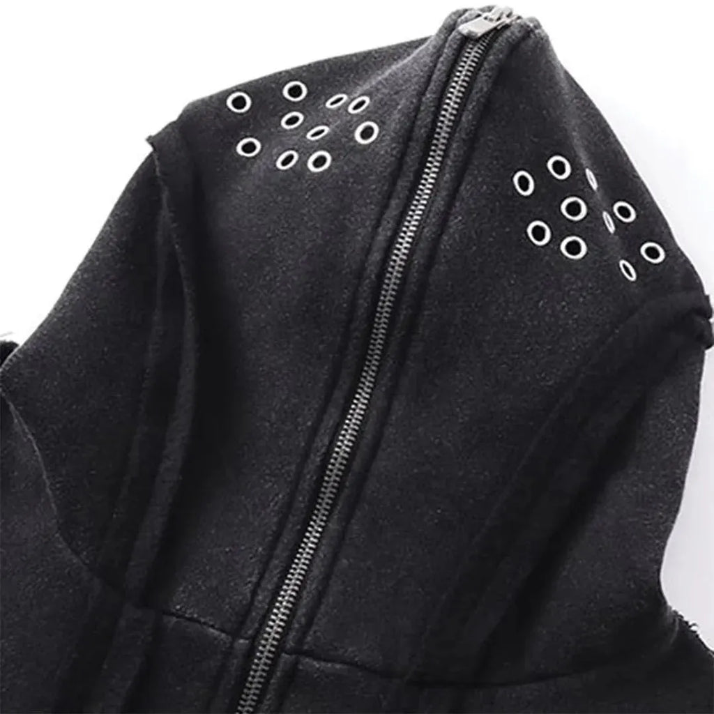 Black men's loose-fit padded cotton hooded cardigan coat with zip front and abstract pattern.
