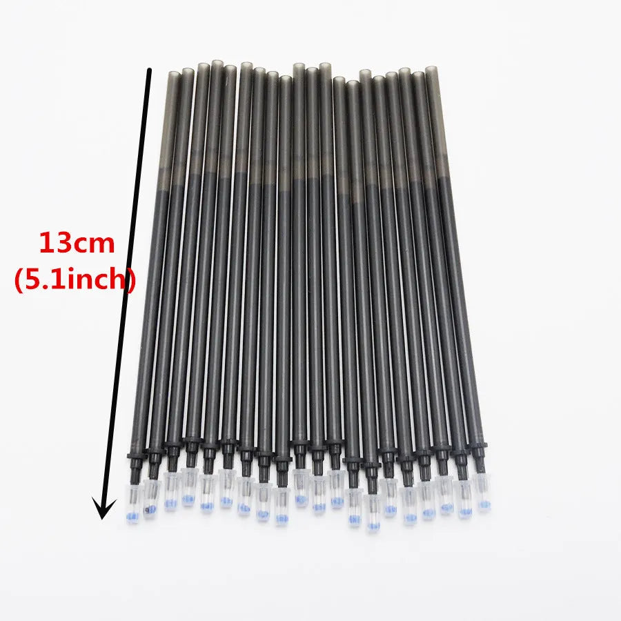 A black heat-erasable pen with a 0.5mm tip, shown with spare refill nibs and caps.