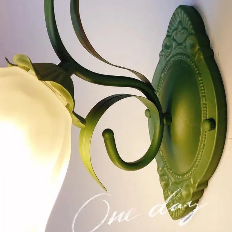 Pastoral style green flower wall lamp with glass shade and LED lighting
