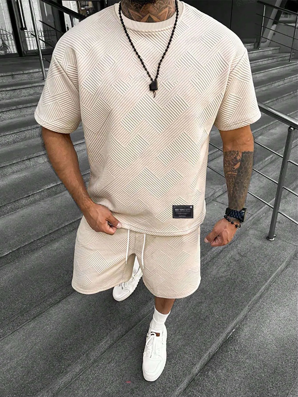 Men's short sleeve top and matching shorts with 3D digital printed pattern in a polyester blend fabric