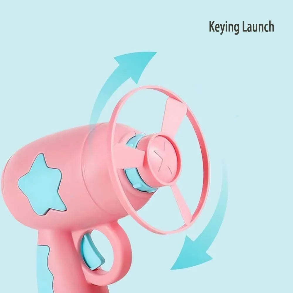 Blue interactive cat toy gun with spinning frisbee launcher for indoor feline play