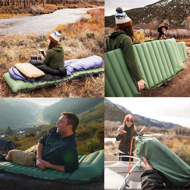 Single portable inflatable camping mattress in grey, shown at full 195cm length and 10cm thickness.