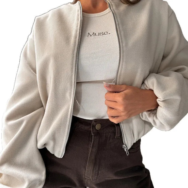 Women's off-shoulder short coat with lantern sleeves in milky white or brown