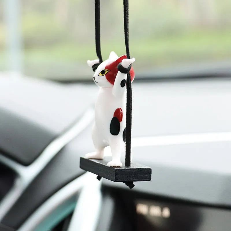 Resin cat pendant for car interior with adjustable 25cm rope in cartoon style