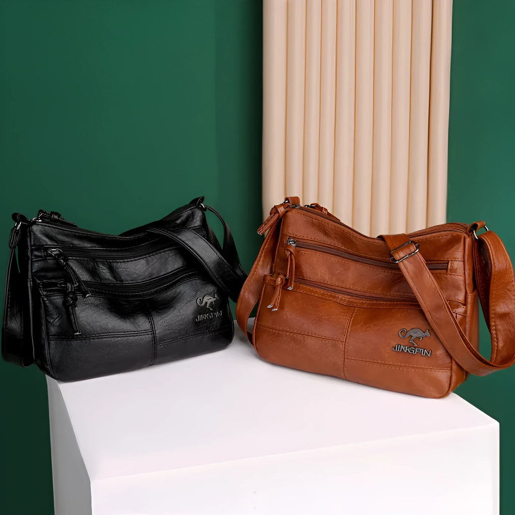 Soft PU leather textured crossbody shoulder bag 25x17x9cm black horizontal square daily bag