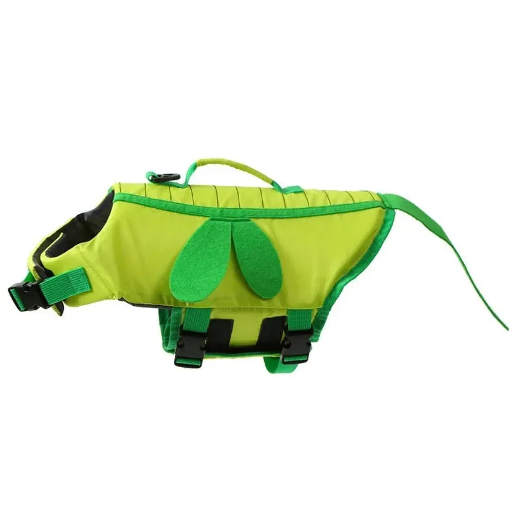 Green dog life jacket with reflective trim and adjustable straps for swimming safety
