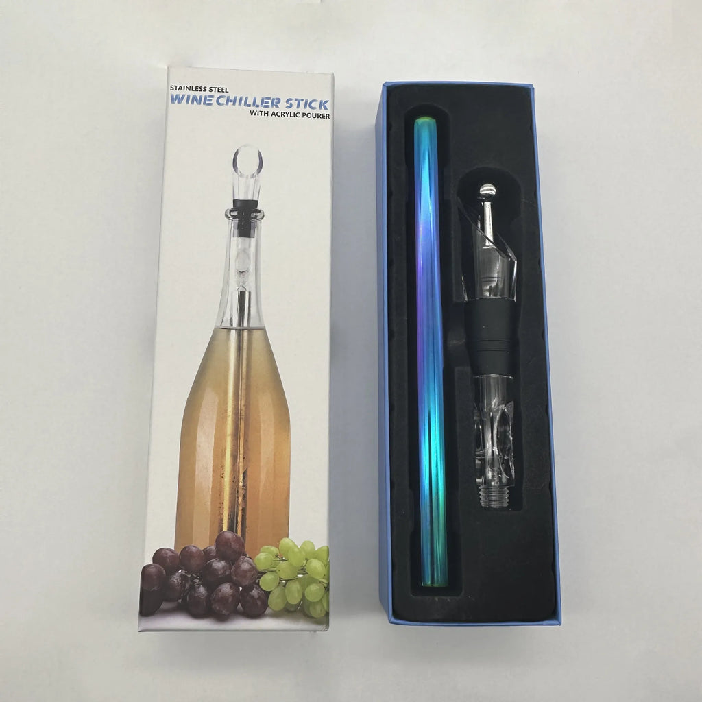 Stainless steel wine chilling rod with acrylic handle and integrated pourer, shown in silver finish.